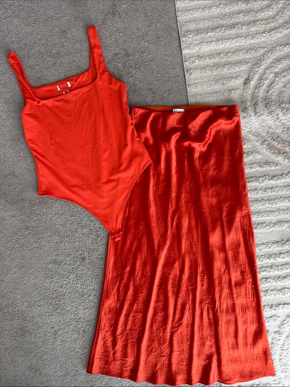 Aritzia Vibrant Orange Satin Maxi Skirt and Bodysuit Set